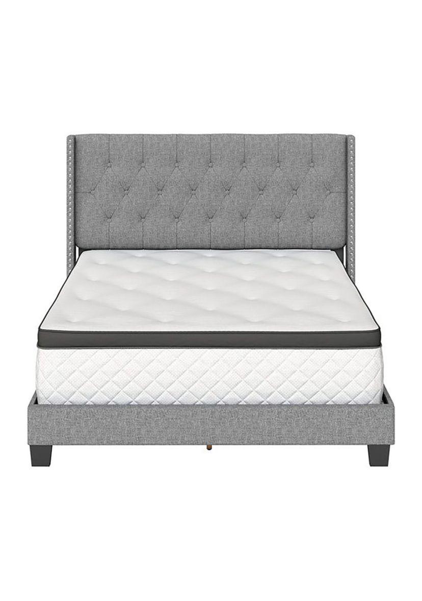 Boyd Sleep Mia Upholstered Button Tufted Platform Bed Frame Mattress Foundation with Headboard and Strong Wood Slat Supports: Linen