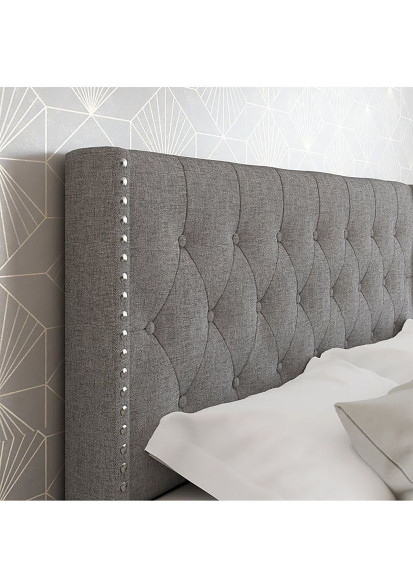 Boyd Sleep Mia Upholstered Button Tufted Platform Bed Frame Mattress Foundation with Headboard and Strong Wood Slat Supports: Linen