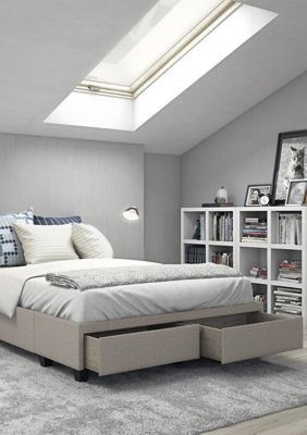 Boyd Sleep Modena Upholstered Platform Bed Frame Mattress Foundation with Dual Front Storage Drawers and Strong Wood Slat Supports: Linen, Gray
