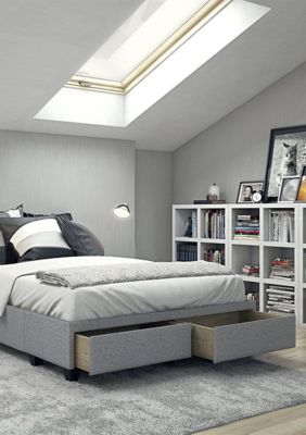 Modena Upholstered Platform Bed Frame Mattress Foundation with Dual Front Storage Drawers and Strong Wood Slat Supports: Linen, Ivory, Full