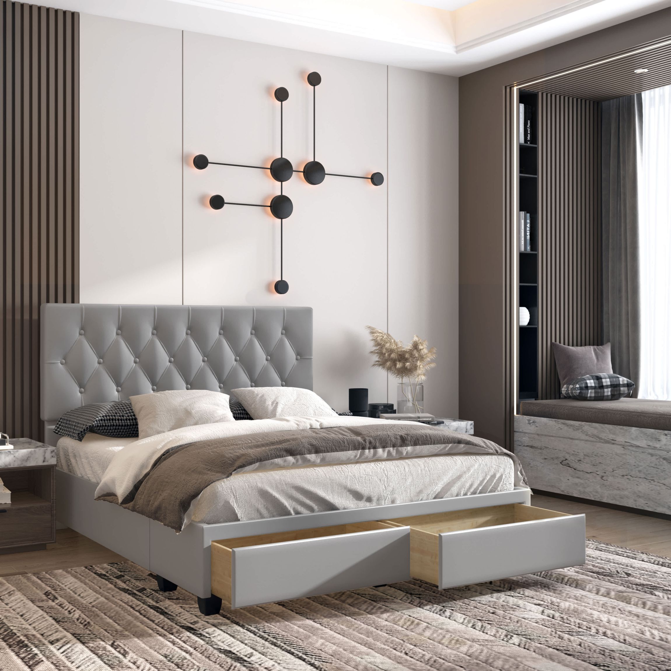 Boyd Sleep verona Upholstered Platform Bed Frame Mattress Foundation with Headboard, Dual Front Storage Drawers, and Strong Wood Slat Supports: Button Tufted Vegan Leather