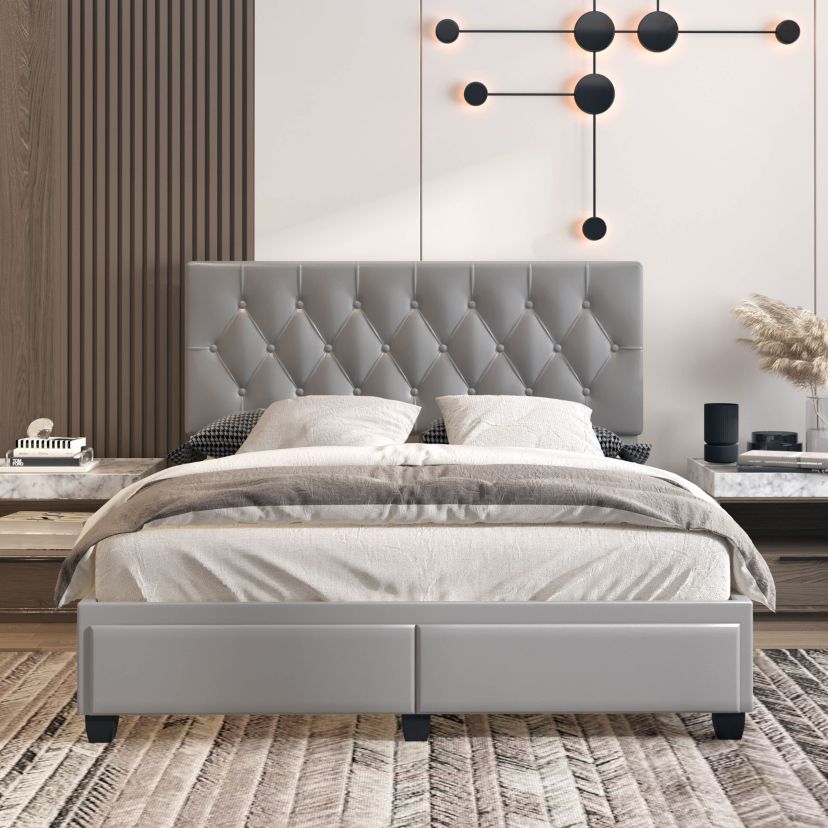 Boyd Sleep verona Upholstered Platform Bed Frame Mattress Foundation with Headboard, Dual Front Storage Drawers, and Strong Wood Slat Supports: Button Tufted Vegan Leather