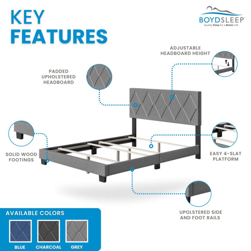 Boyd Sleep Diamond Fully Upholstered Platform Bed Frame, 4 Wood Support Slats, Requires Box Spring