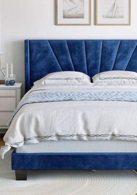 Boyd Sleep Valencia Winged Tifted Upholstered Platform Bed with Headboard, Strong Wood 4-Slat Supports, Requires Box Spring, Blue