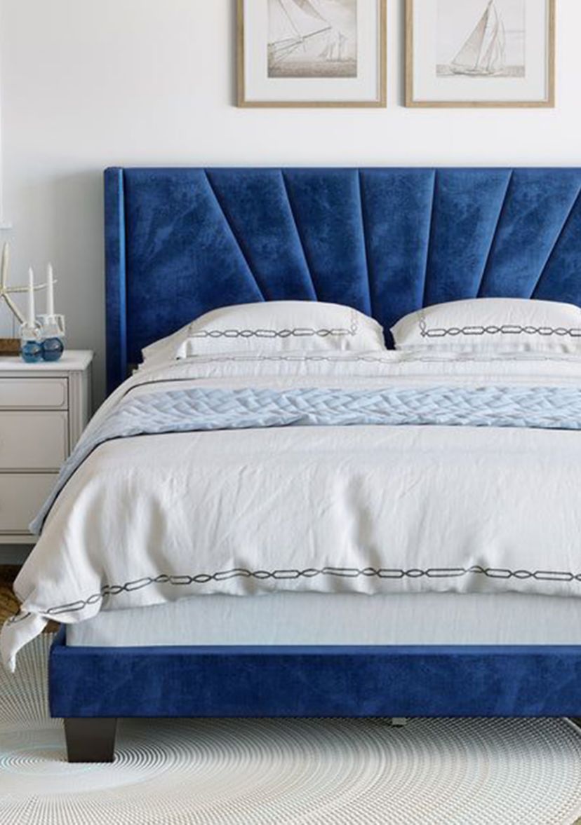 Boyd Sleep Valencia Winged Tifted Upholstered Platform Bed with Headboard, Strong Wood 4-Slat Supports, Requires Box Spring