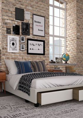 Parma Upholstered Platform Bed Frame Mattress Foundation with Dual Front Storage Drawers and Strong Wood Slat Supports: Faux Leather, White