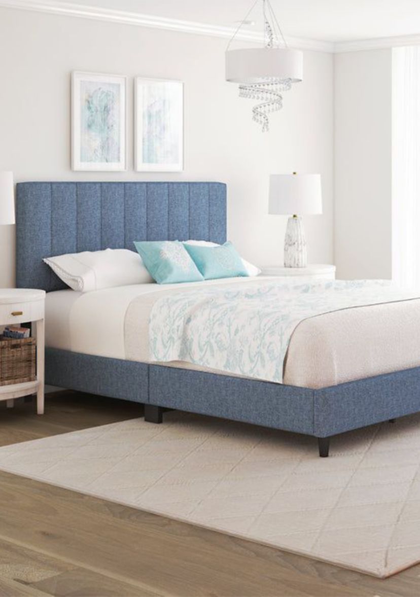 Boyd Sleep Leah Upholstered Vertical Tufted Platform Bed Frame Mattress Foundation with Headboard and Strong Wood Slat Supports: Linen