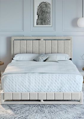 Boyd Sleep Senata Upholstered Platform Bed with Headboard, Mattress Foundation with Strong 14 Wood Slat Supports, No Box Spring Required, White