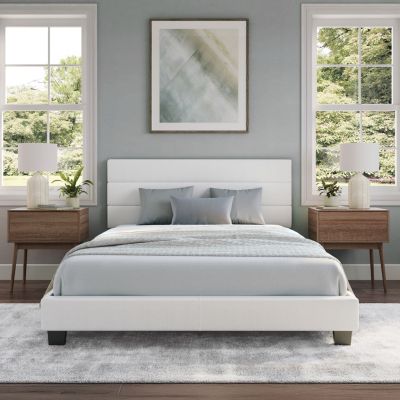 Boyd Sleep Piedmont Upholstered Platform Bed with Headboard, Mattress Foundation with Strong 13 Wood Slat Supports, No Box Spring Required, White
