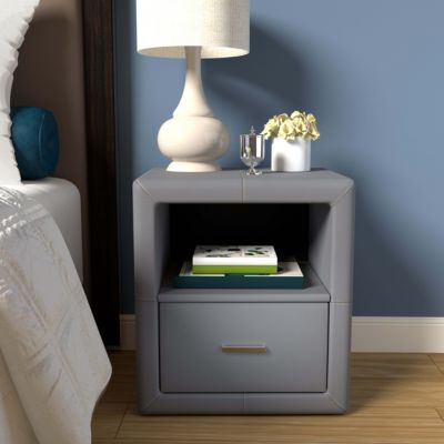 Boyd Sleep Lombardi Modern One Drawer Upholstered Nightstand with Shelf: Fully Assembled, Faux Leather, Gray