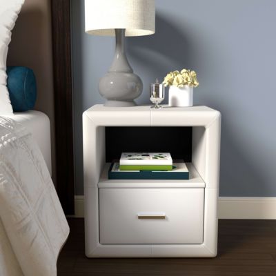 Boyd Sleep Lombardi Modern One Drawer Upholstered Nightstand with Shelf: Fully Assembled, Faux Leather, White