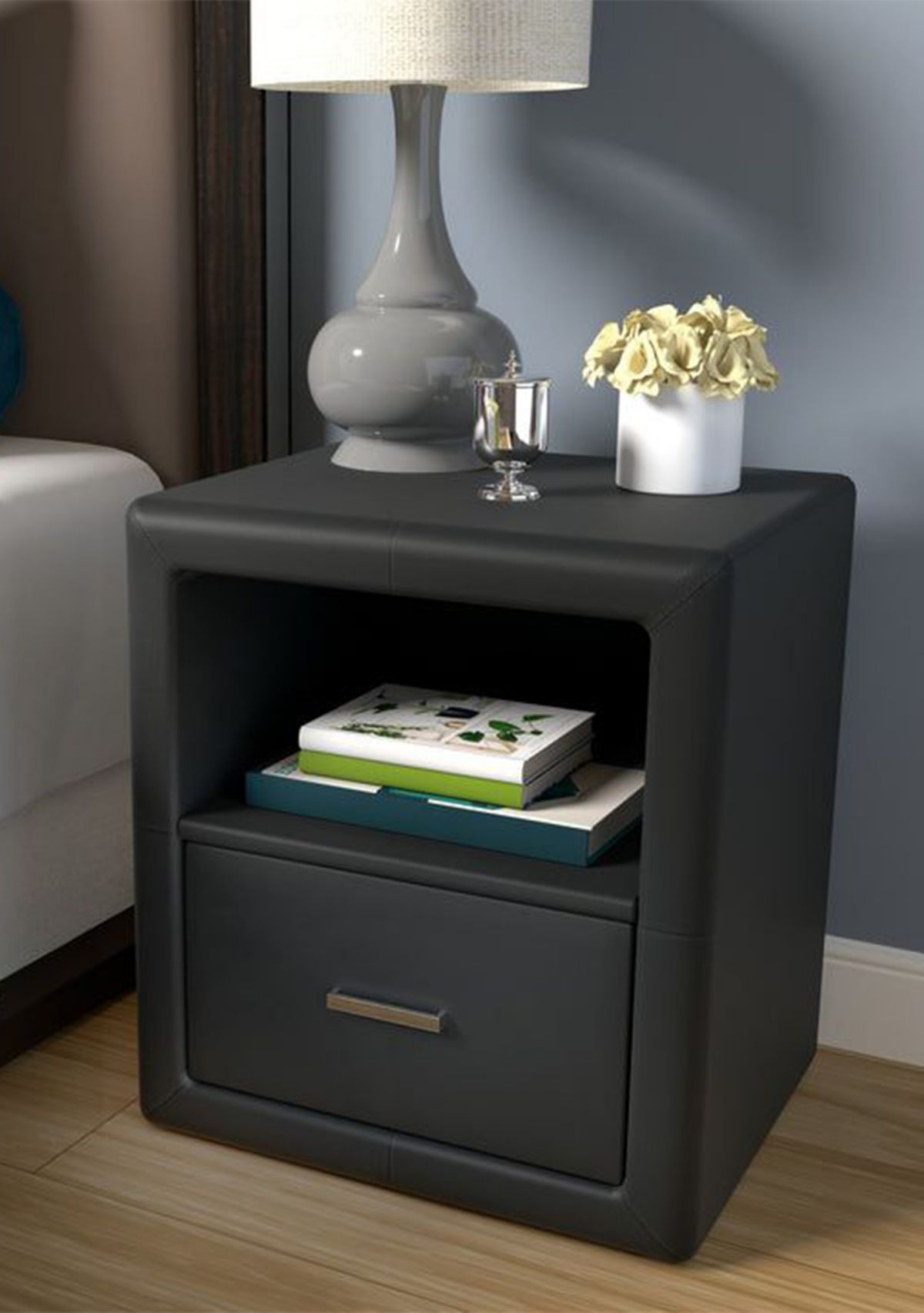 Boyd Sleep Lombardi Modern One Drawer Upholstered Nightstand with Shelf: Fully Assembled, Faux Leather,