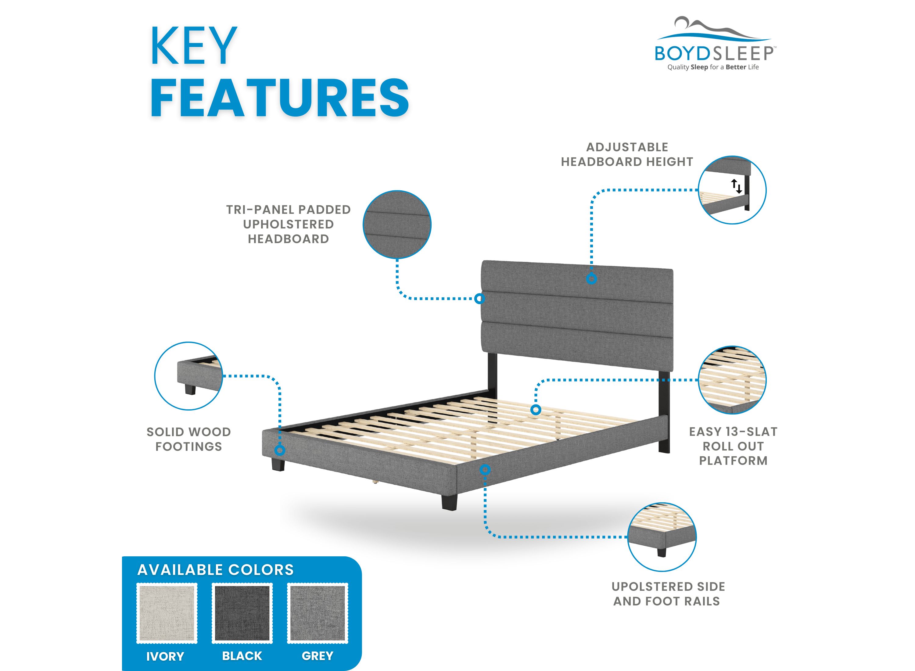 Boyd Sleep Sicily Upholstered Platform Bed with Headboard, Mattress Foundation with Strong 13 Wood Slat Supports, No Box Spring Required