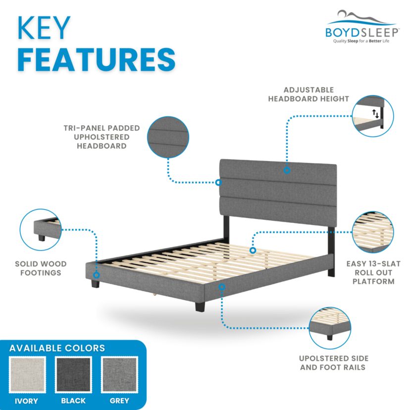 Boyd Sleep Sicily Upholstered Platform Bed with Headboard, Mattress Foundation with Strong 13 Wood Slat Supports, No Box Spring Required