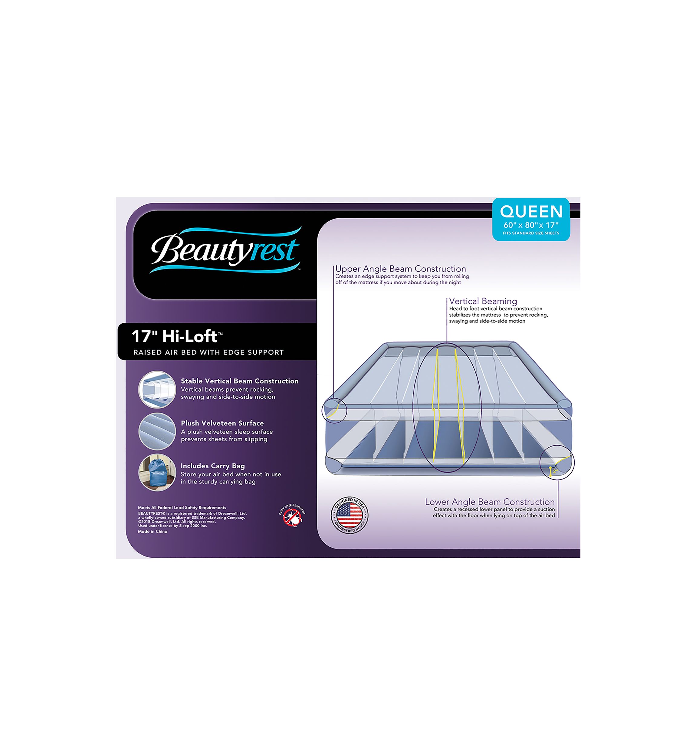 Beautyrest Hi-Loft Air Mattress with Vertical Beam Construction, Edge Support, External Pump and Puncture Resistant Vinyl 
