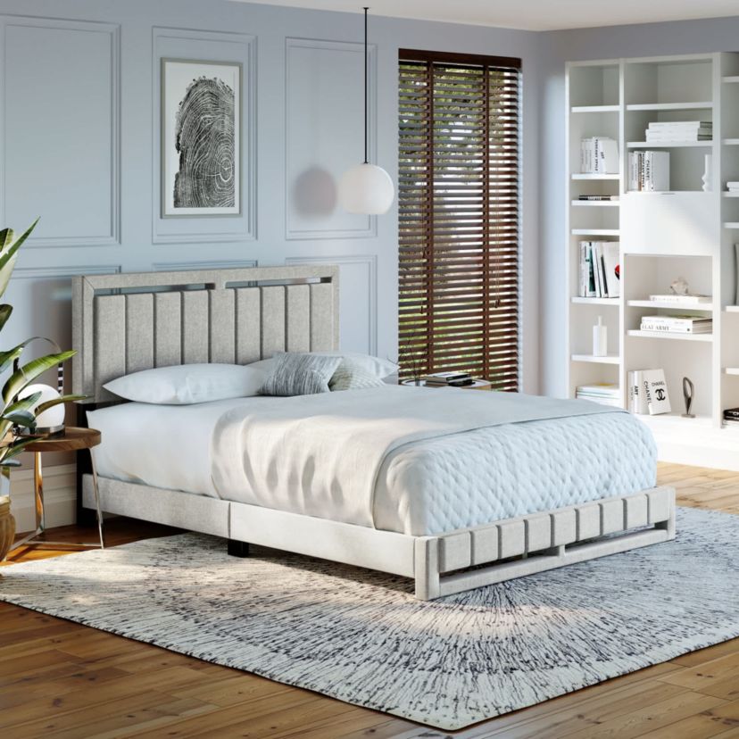 Boyd Sleep Rochelle Fully Upholstered Platform Bed Frame, 4 Wood Support Slats, Requires Box Spring