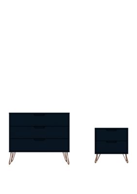 Manhattan Comfort Rockefeller Dresser and Nightstand Set in Tatiana Midnight Blue, White -  0810025593117