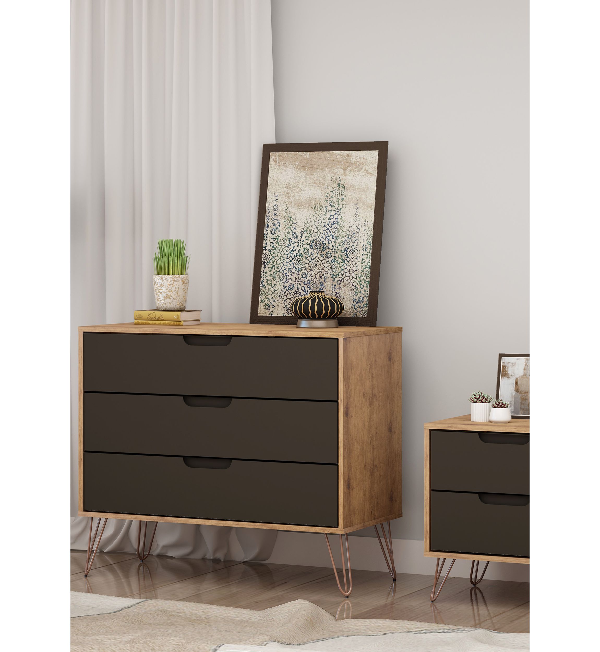 Rockefeller Dresser and Nightstand Set in Nature and Textured Grey