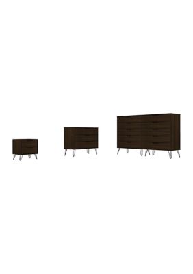 Manhattan Comfort Rockefeller 3 Piece Bedroom Set Tall Wide 10-Drawer Dresser, Standard 3- Drawer Dresser and 2-Drawer Nightstand, Brown -  0810077082423