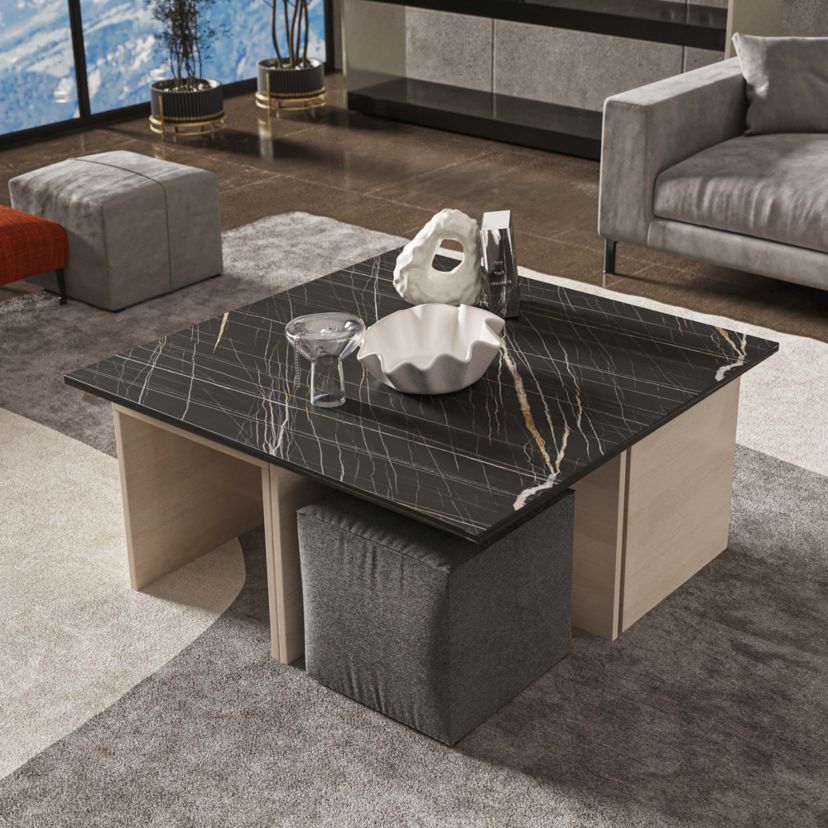 Haley Nested Coffee Table & Ottoman Set in White & Black Marble