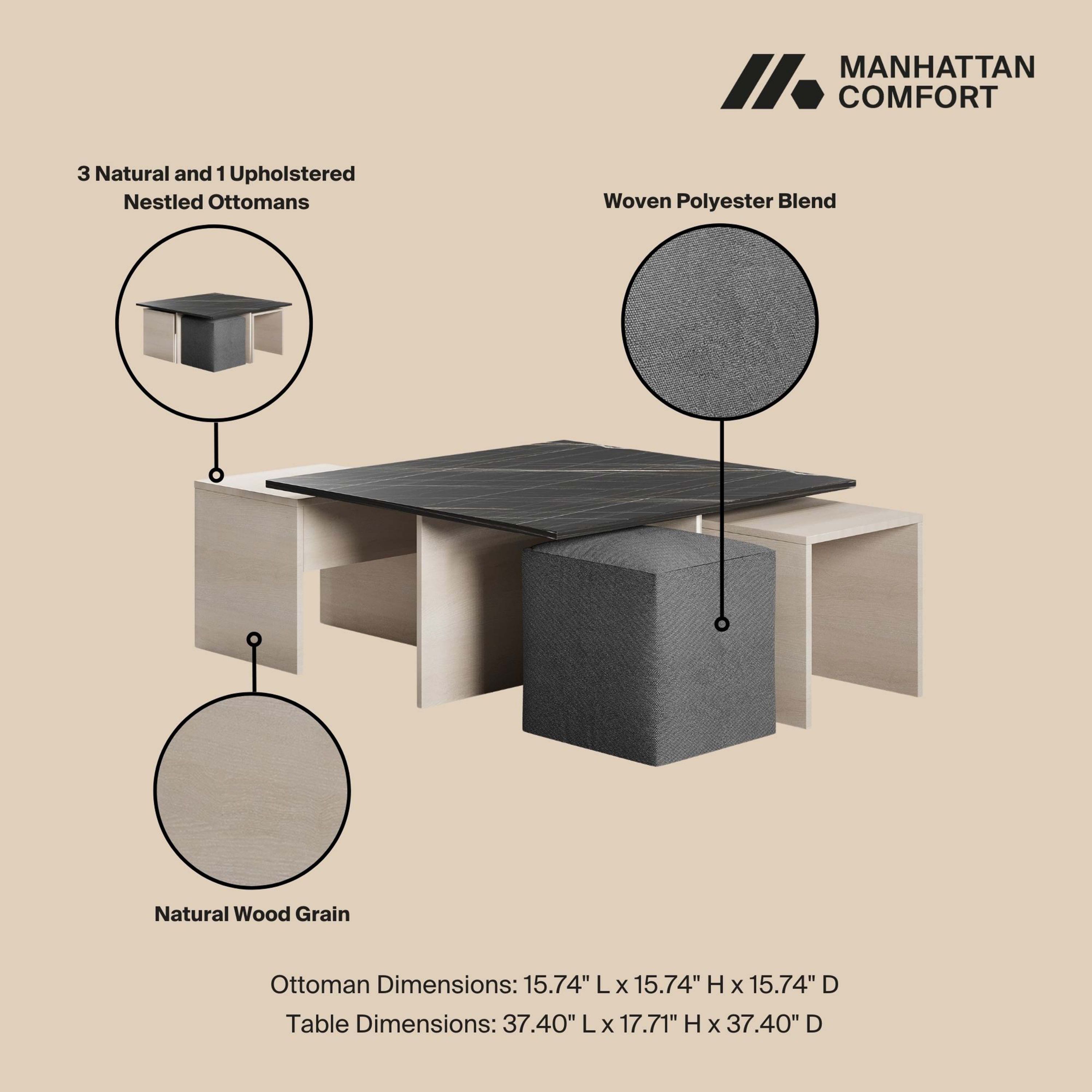 Haley Nested Coffee Table & Ottoman Set in White & Black Marble