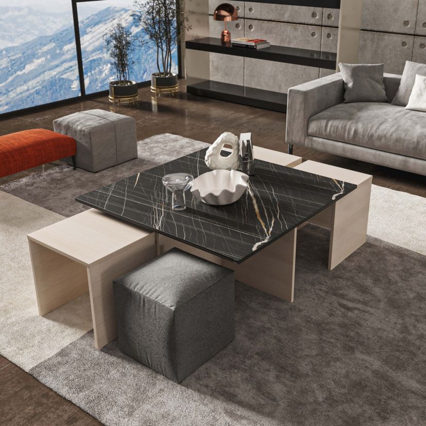 Haley Nested Coffee Table & Ottoman Set in White & Black Marble