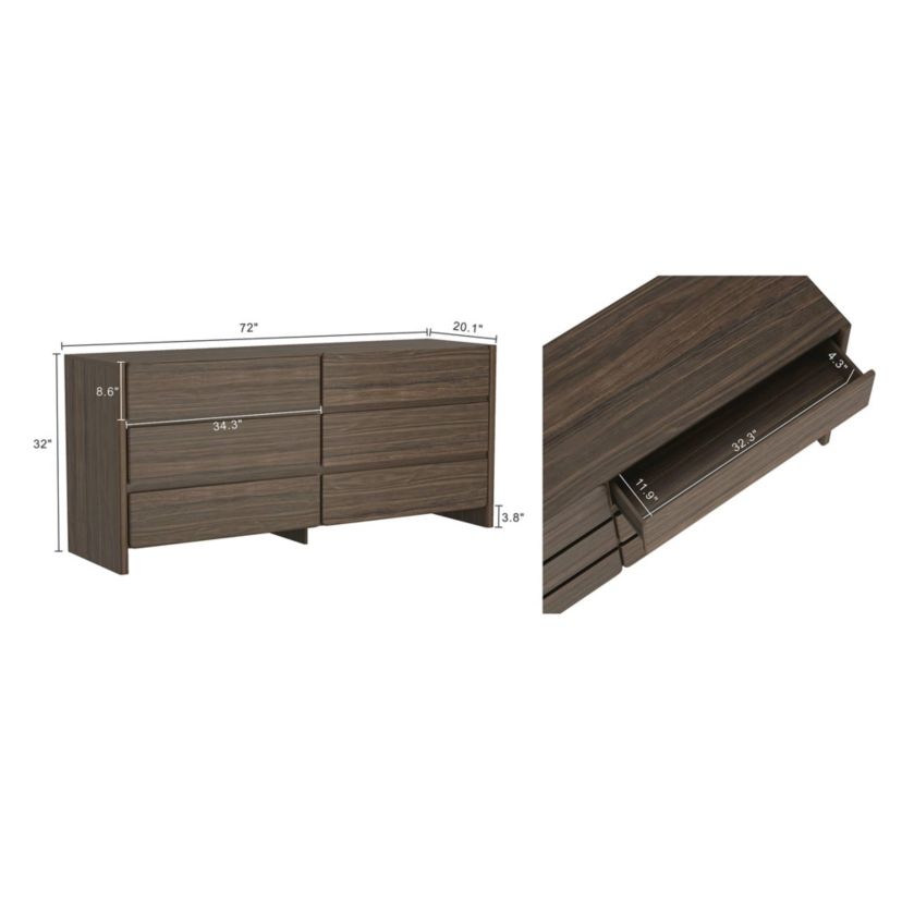 Manhattan Comfort 72" Linda 6 Drawer Double Dresser Walnut Brown