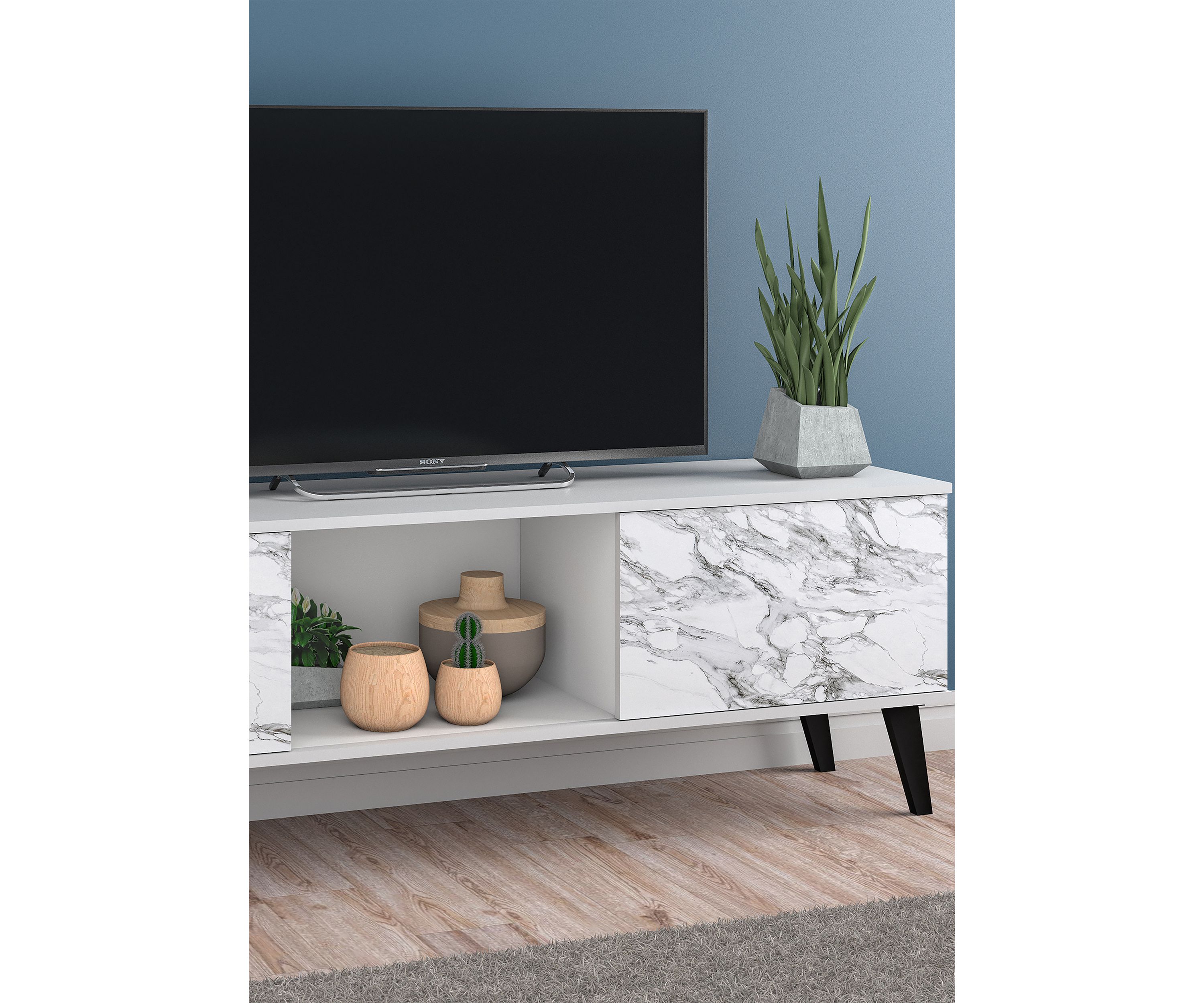 Doyers 62.20" TV Stand in White and Marble Stamp