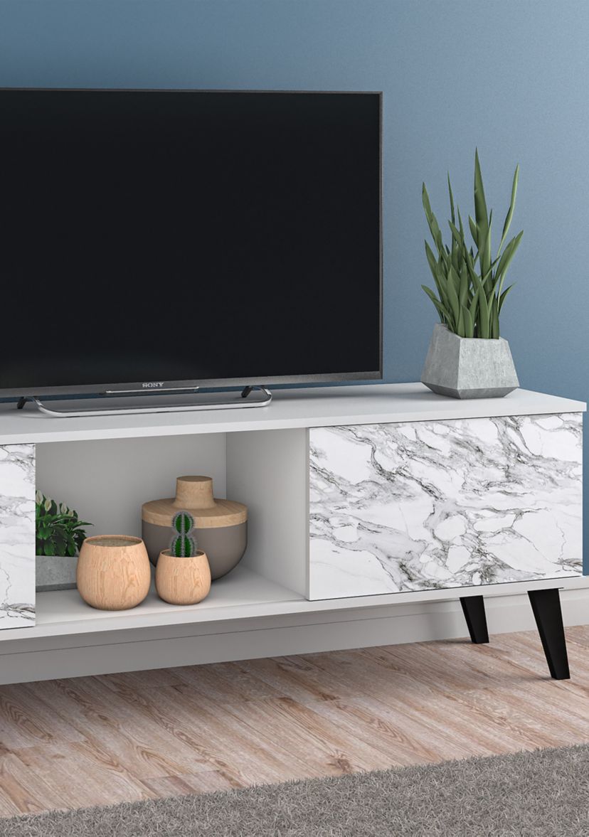 Doyers 62.20" TV Stand in White and Marble Stamp