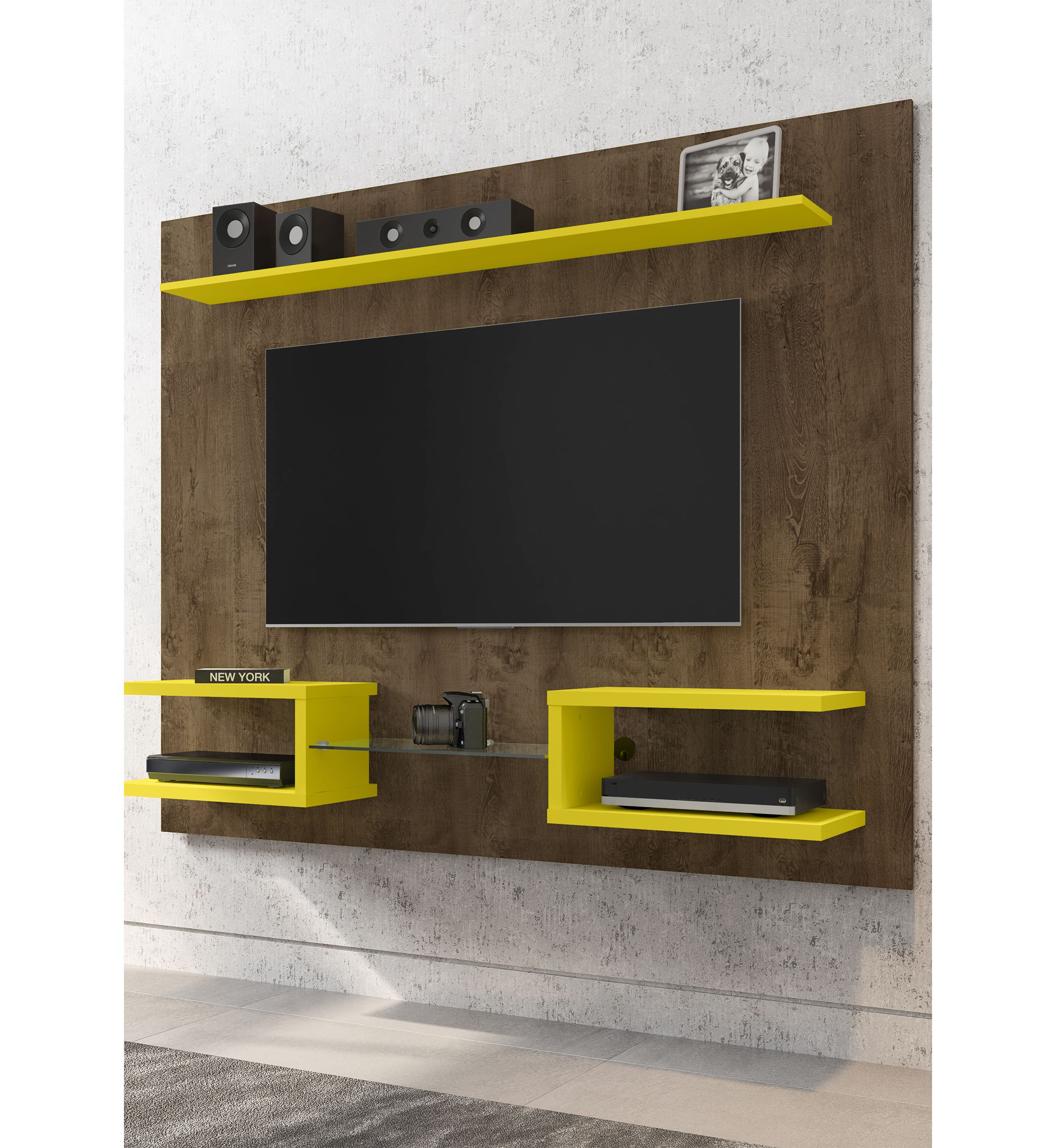 Plaza 64.25" Floating Entertainment Center in Rustic Brown and Yellow