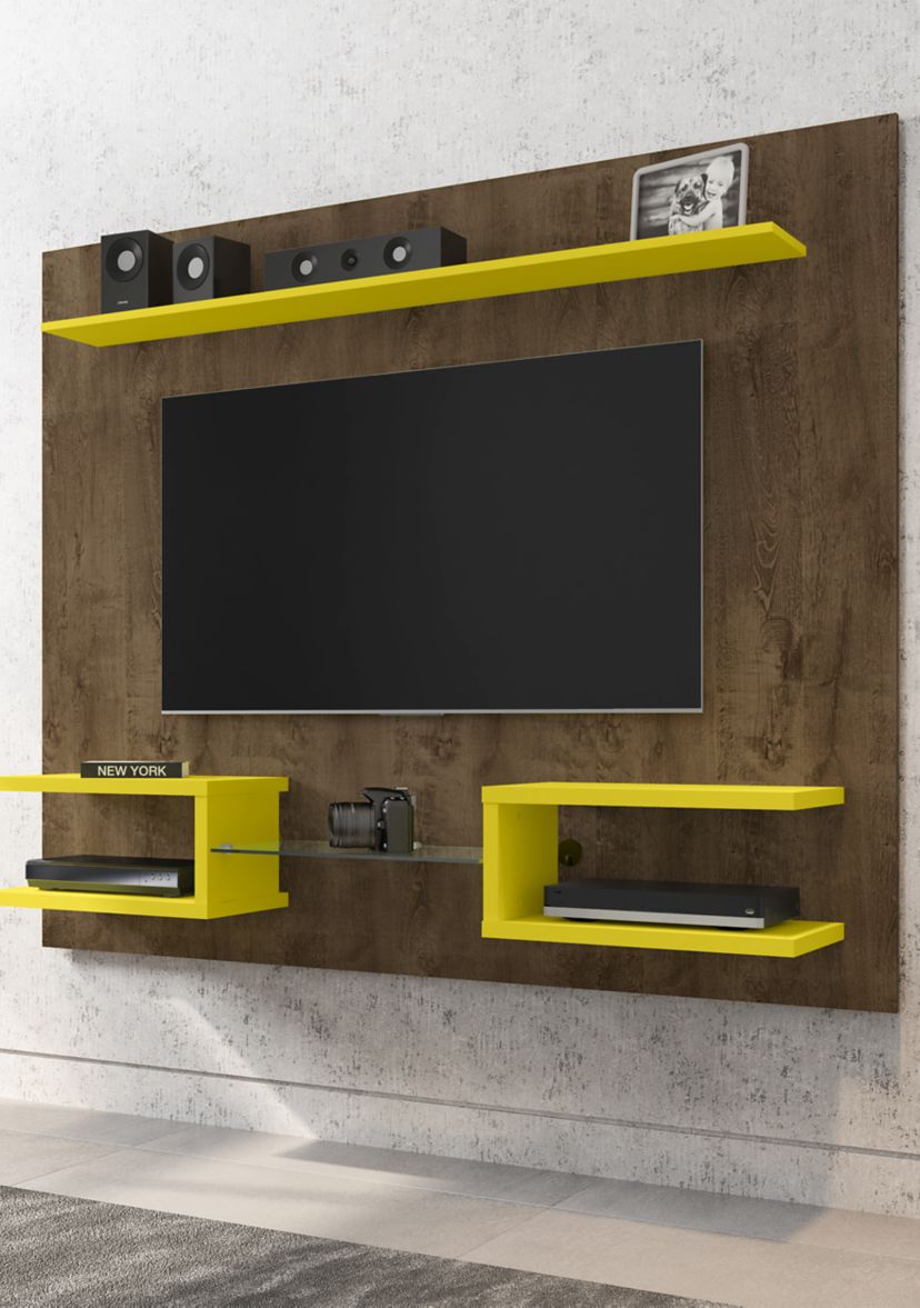 Plaza 64.25" Floating Entertainment Center in Rustic Brown and Yellow
