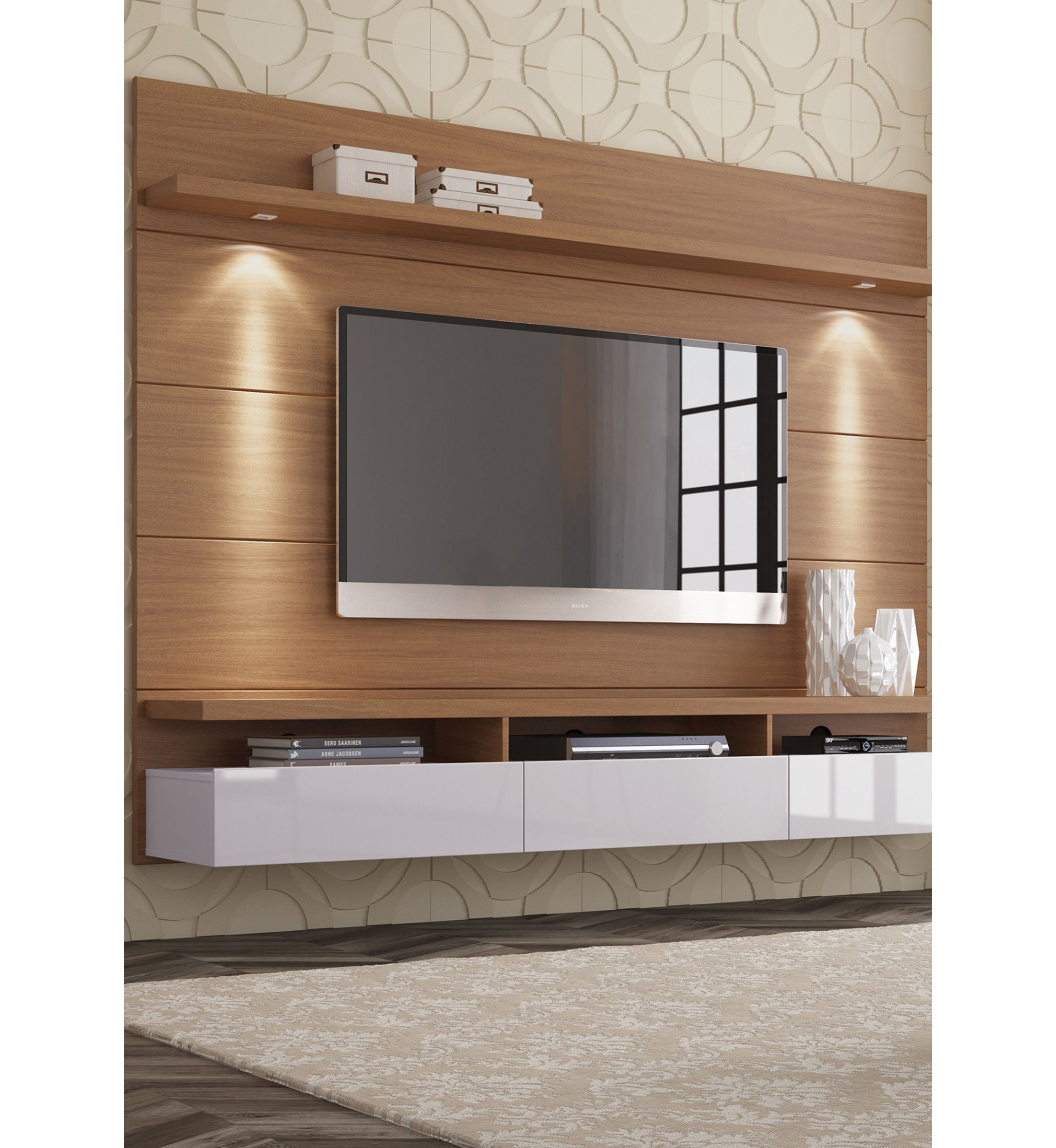 Cabrini 2.2 Floating Wall Theater Entertainment Center in Maple Cream and Off White