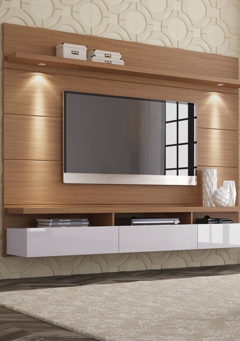 Cabrini 2.2 Floating Wall Theater Entertainment Center in Maple Cream and Off White