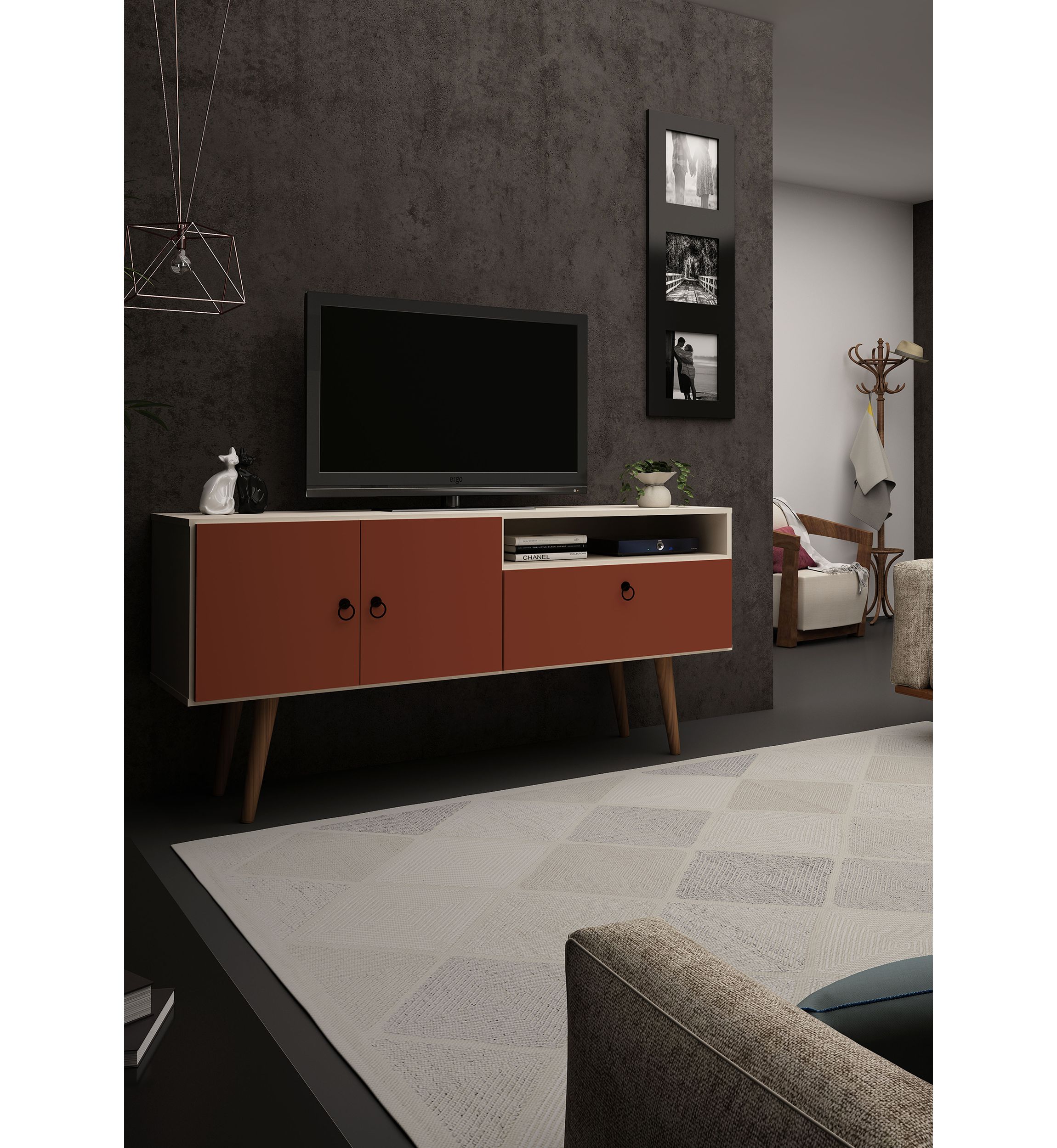 Tribeca 53.94" TV Stand in Off White and Terra Orange Pink