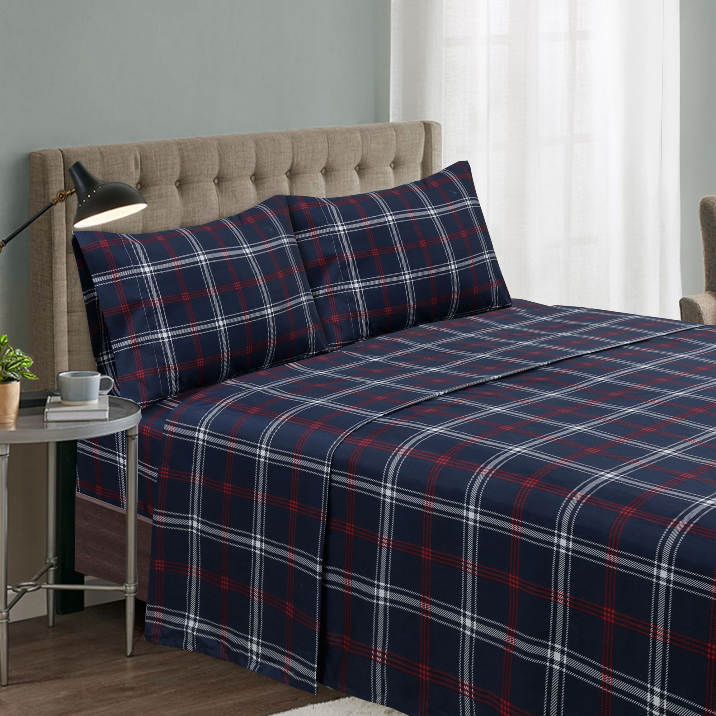 Dark Navy/Red/White Plaid 4-piece Sheet Set