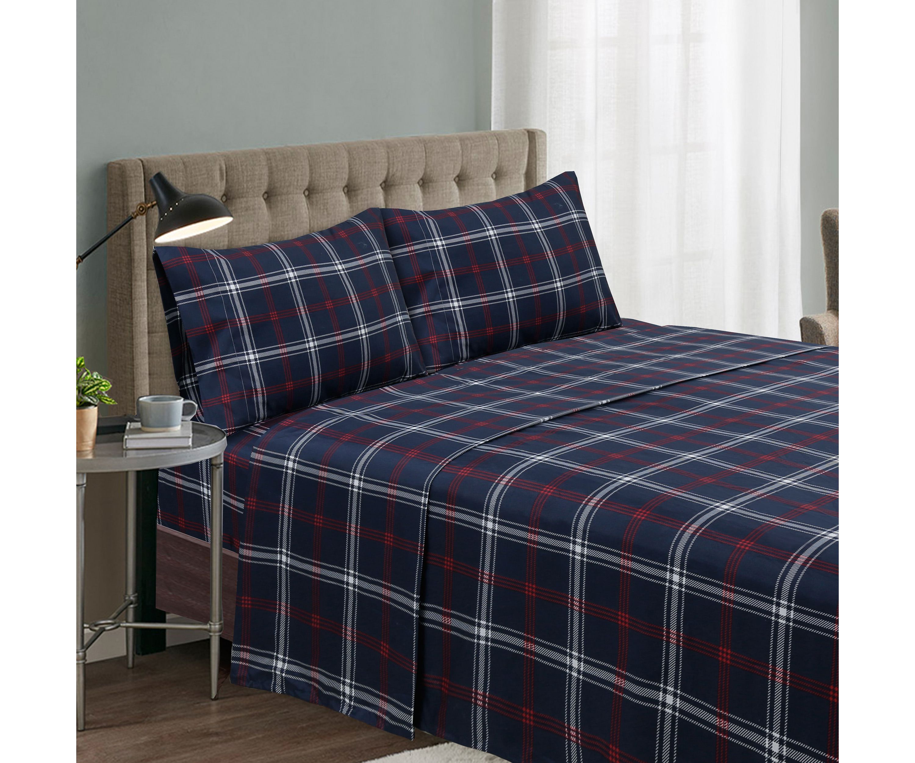 Dark Navy/Red/White Plaid 4-piece Sheet Set