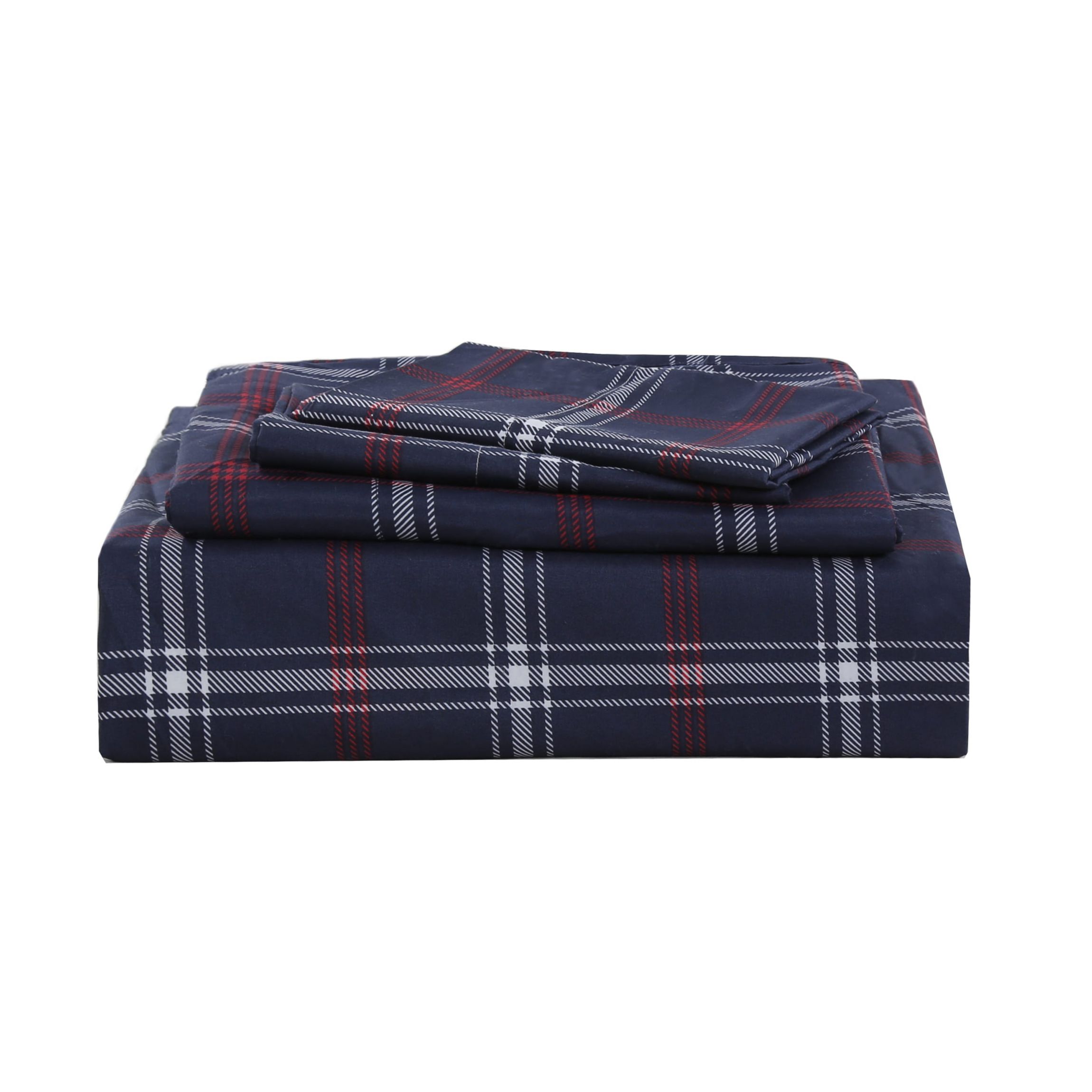 Dark Navy/Red/White Plaid 4-piece Sheet Set