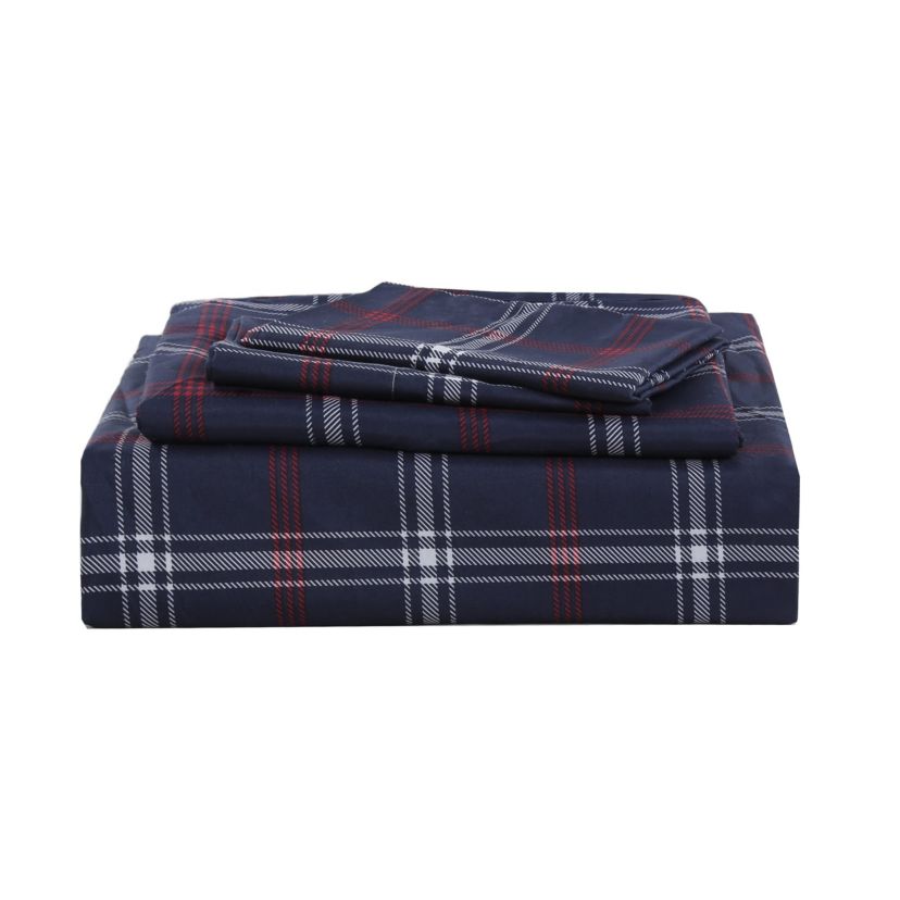 Dark Navy/Red/White Plaid 4-piece Sheet Set