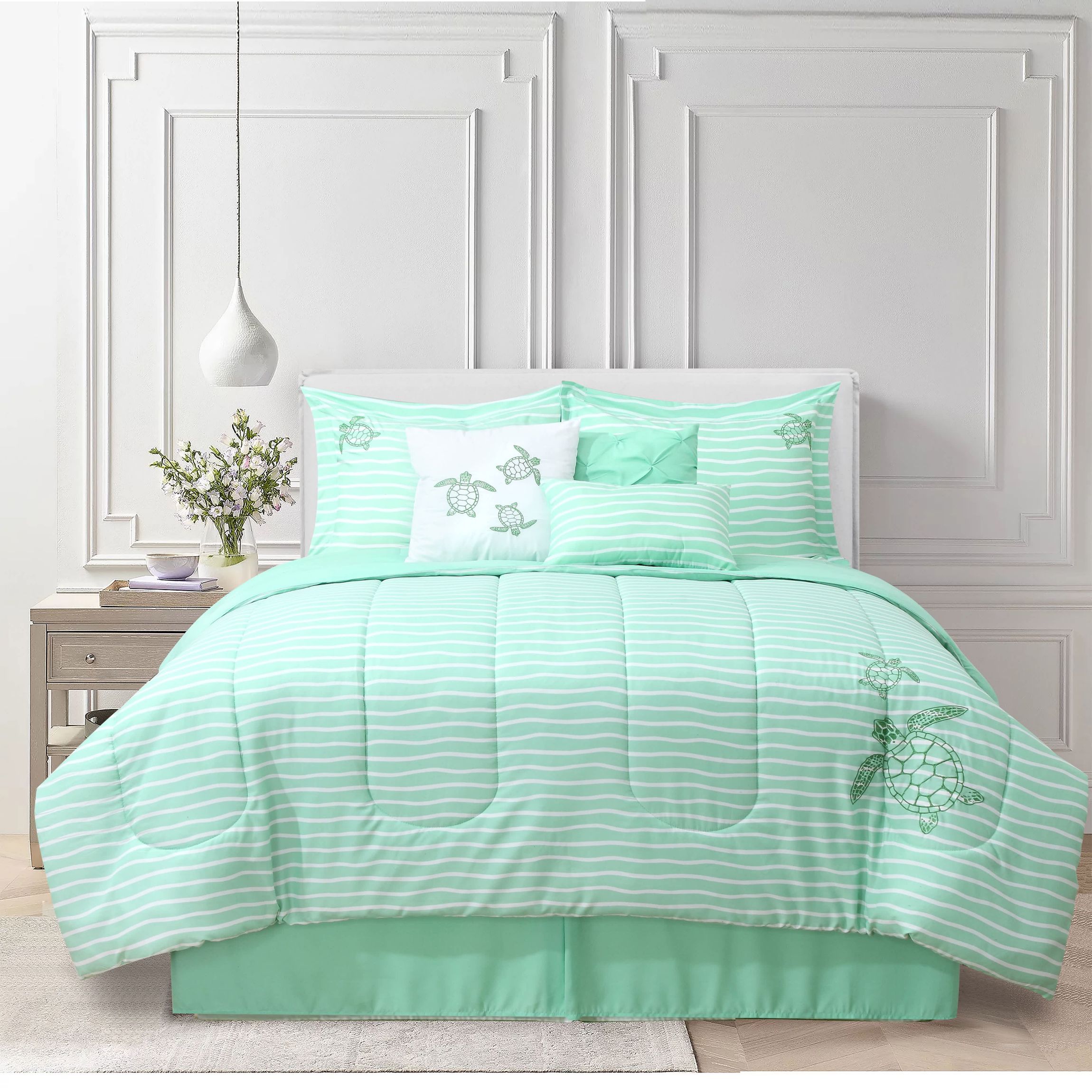 Beach Vibes Embroidered Green 7-piece Comforter Set Full