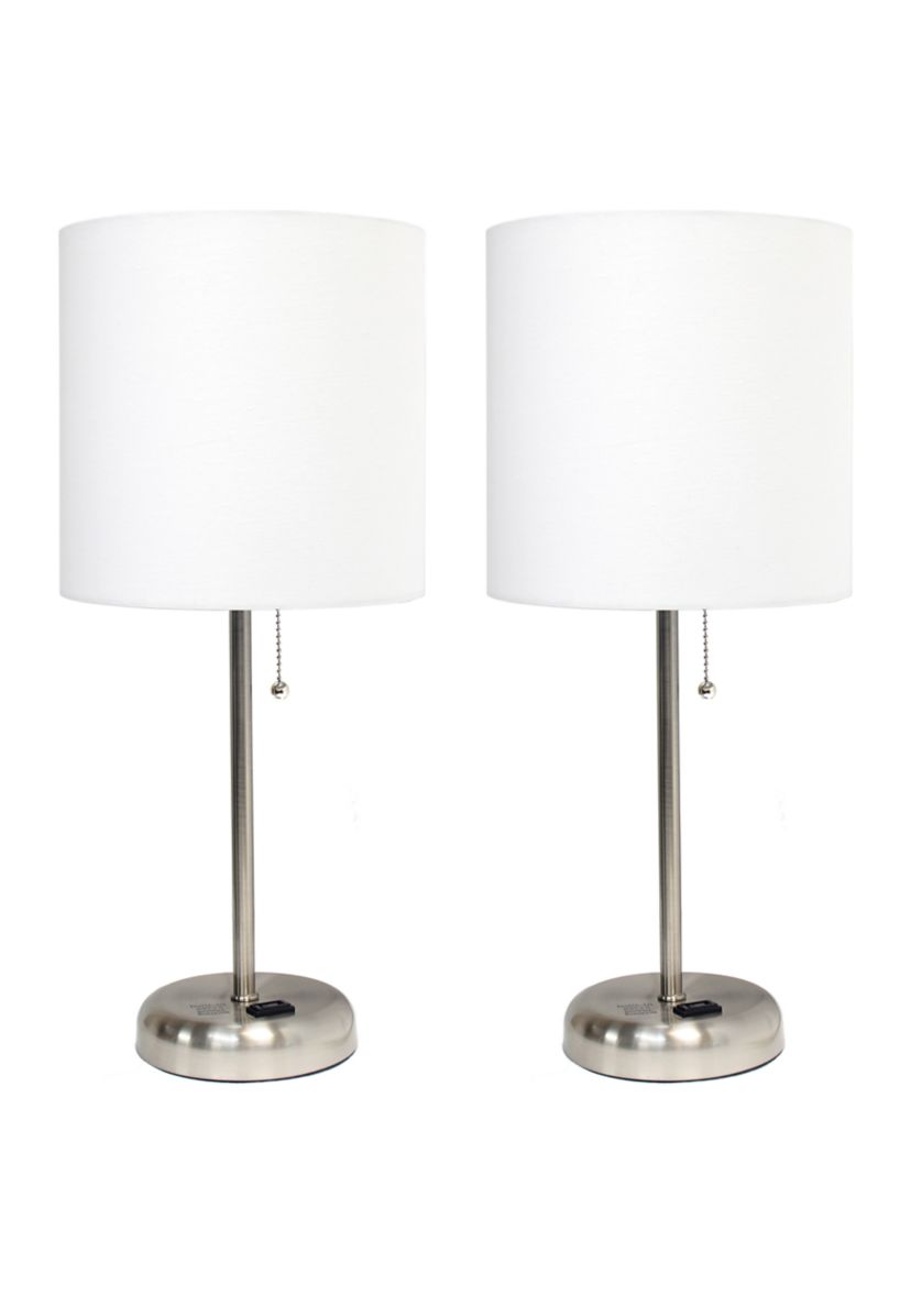 Two Pack Stick Lamp with Charging Outlet and Fabric Shade