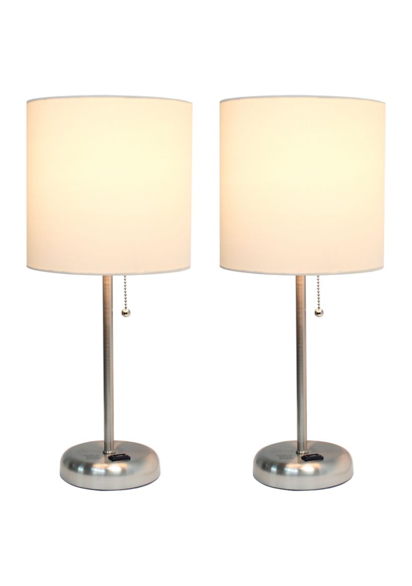 Two Pack Stick Lamp with Charging Outlet and Fabric Shade