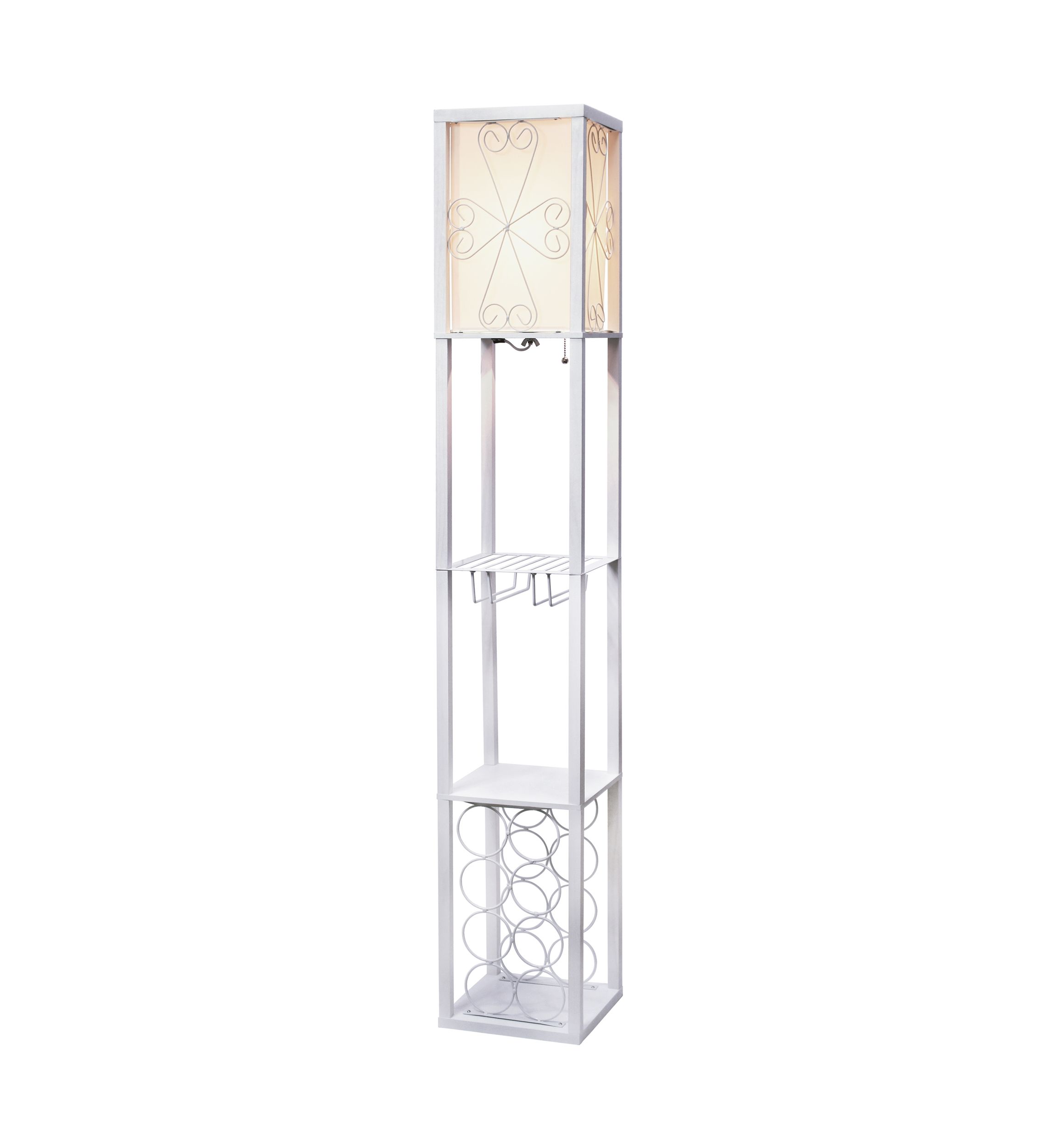 Floor Lamp Etagere Organizer Storage Shelf and Wine Rack with Linen Shade