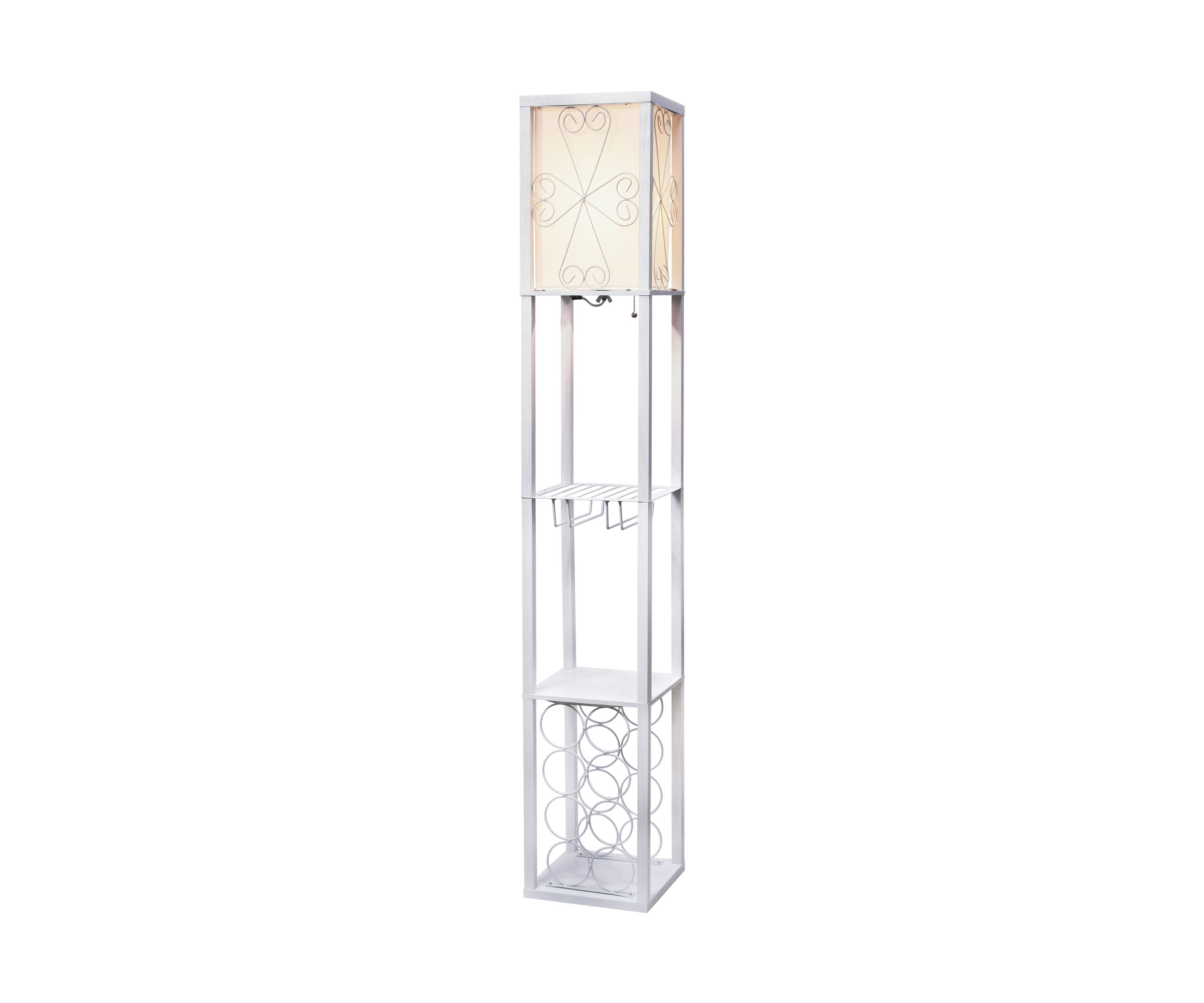 Floor Lamp Etagere Organizer Storage Shelf and Wine Rack with Linen Shade