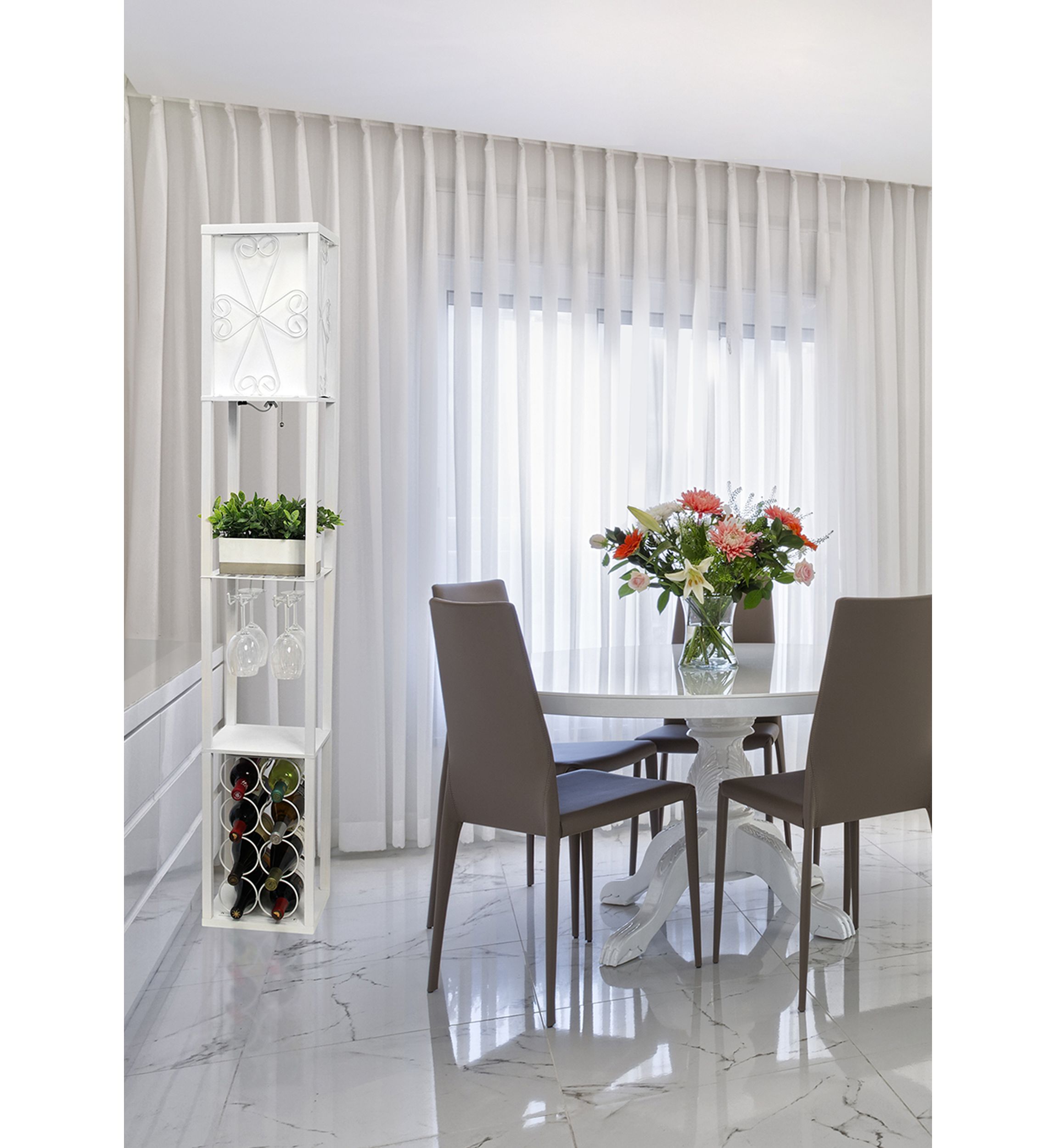 Floor Lamp Etagere Organizer Storage Shelf and Wine Rack with Linen Shade