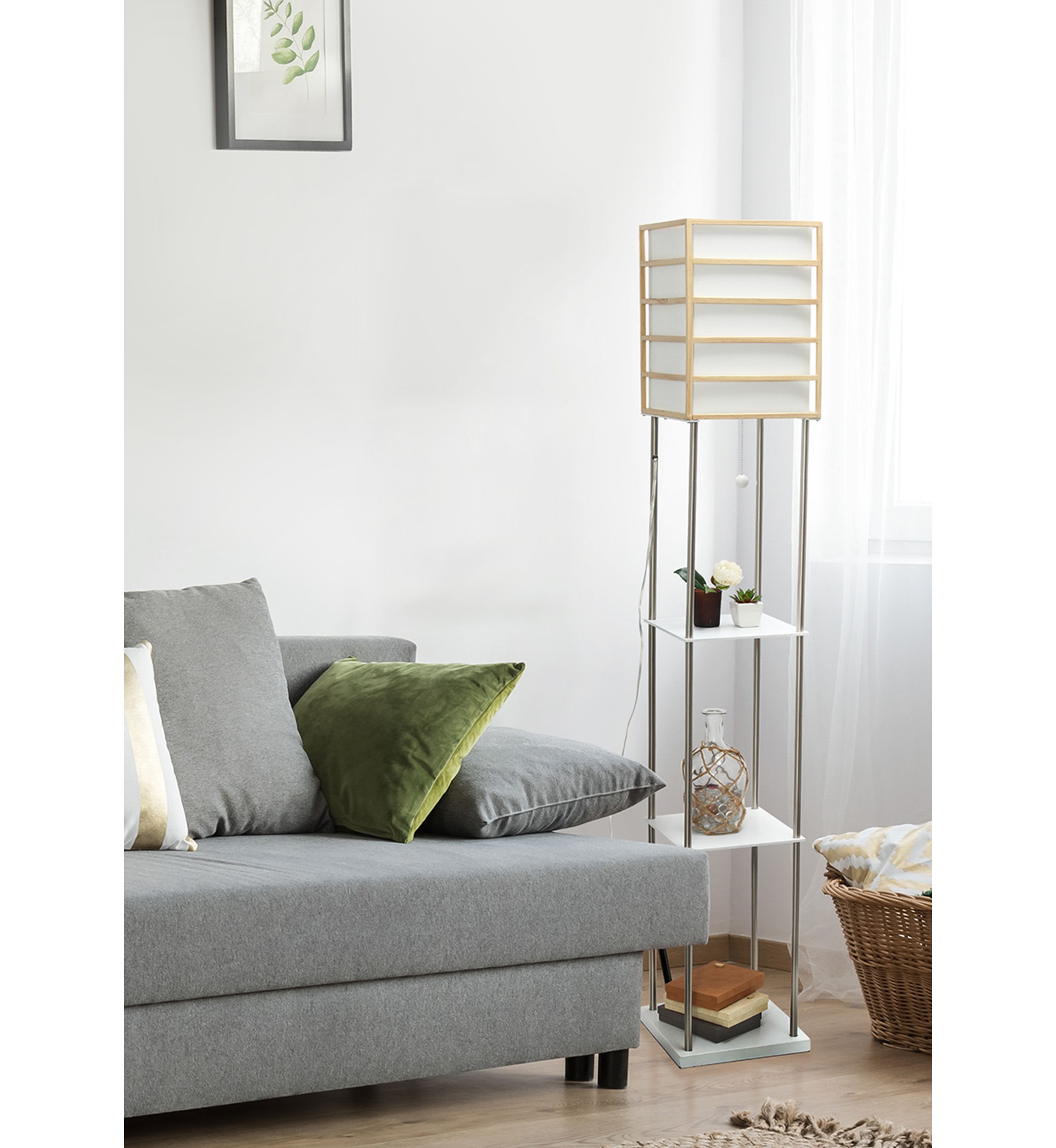 1 Light Metal Etagere Floor Lamp with Storage Shelves and Linen Shade