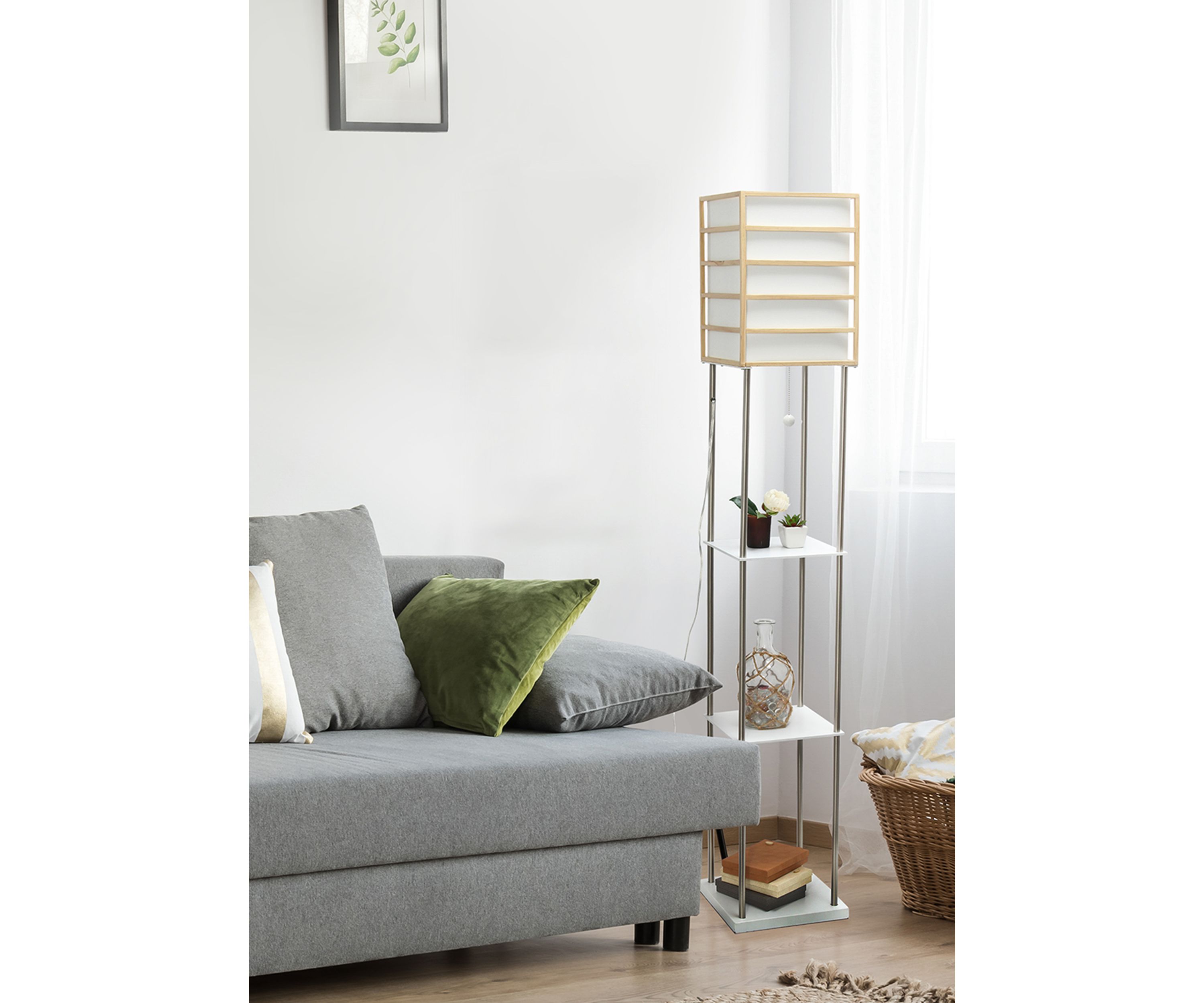 1 Light Metal Etagere Floor Lamp with Storage Shelves and Linen Shade
