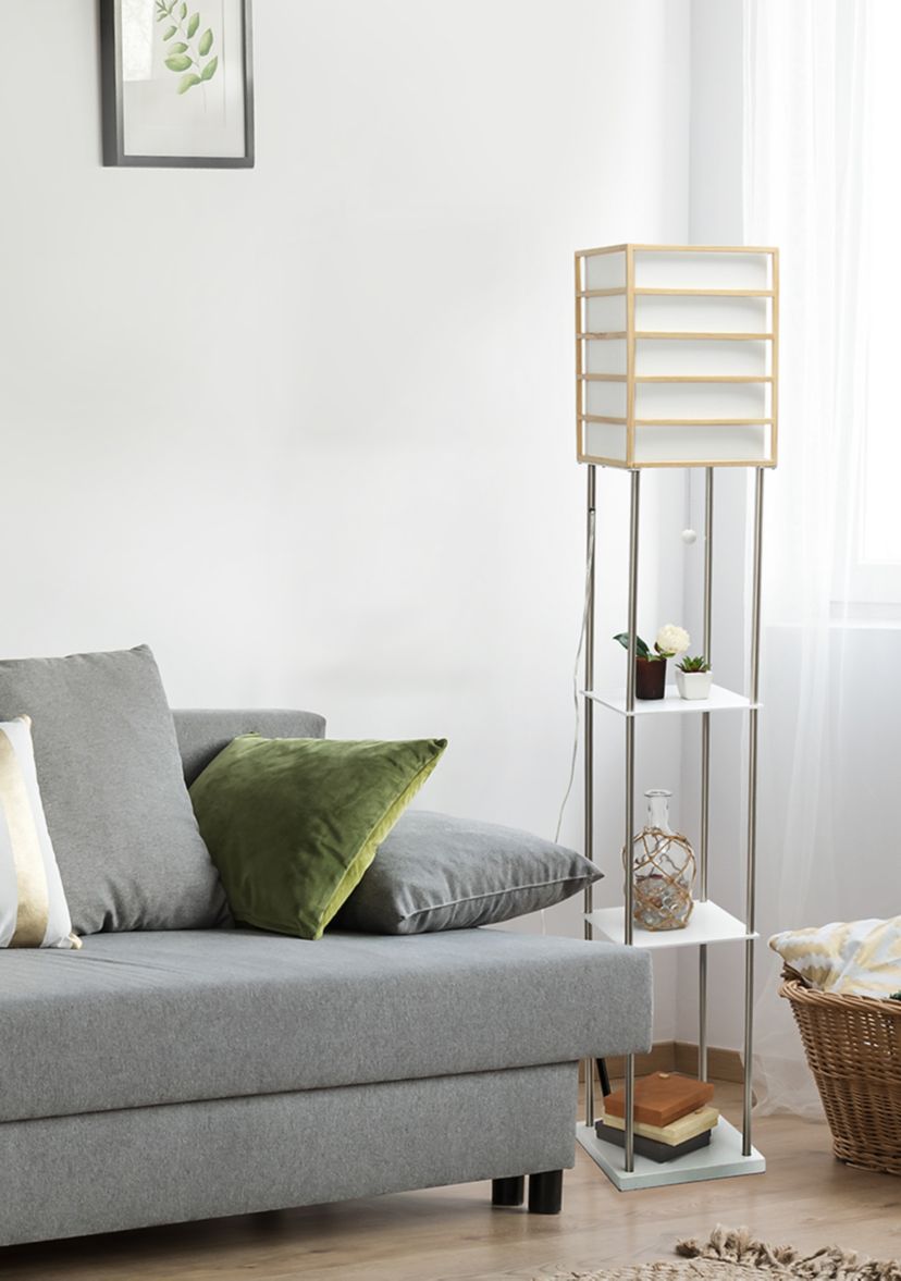1 Light Metal Etagere Floor Lamp with Storage Shelves and Linen Shade