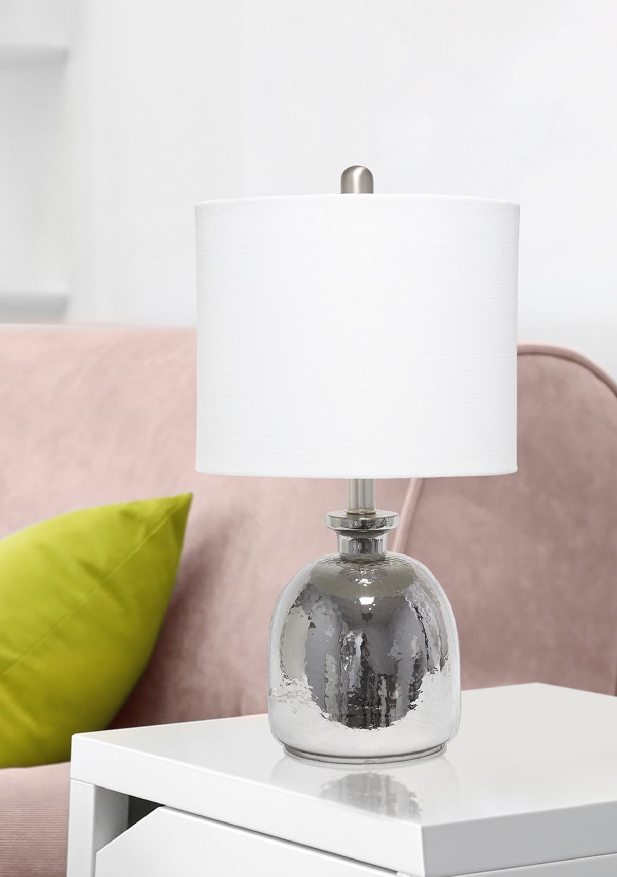 Metallic Gray Hammered Glass Jar Table Lamp with Linen Shade