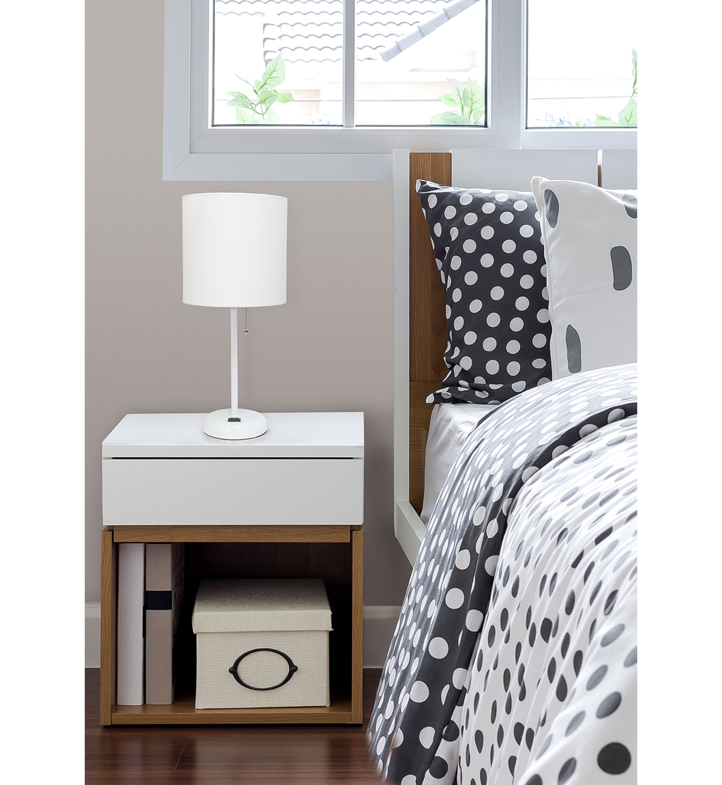 Stick Lamp with Charging Outlet and Fabric Shade