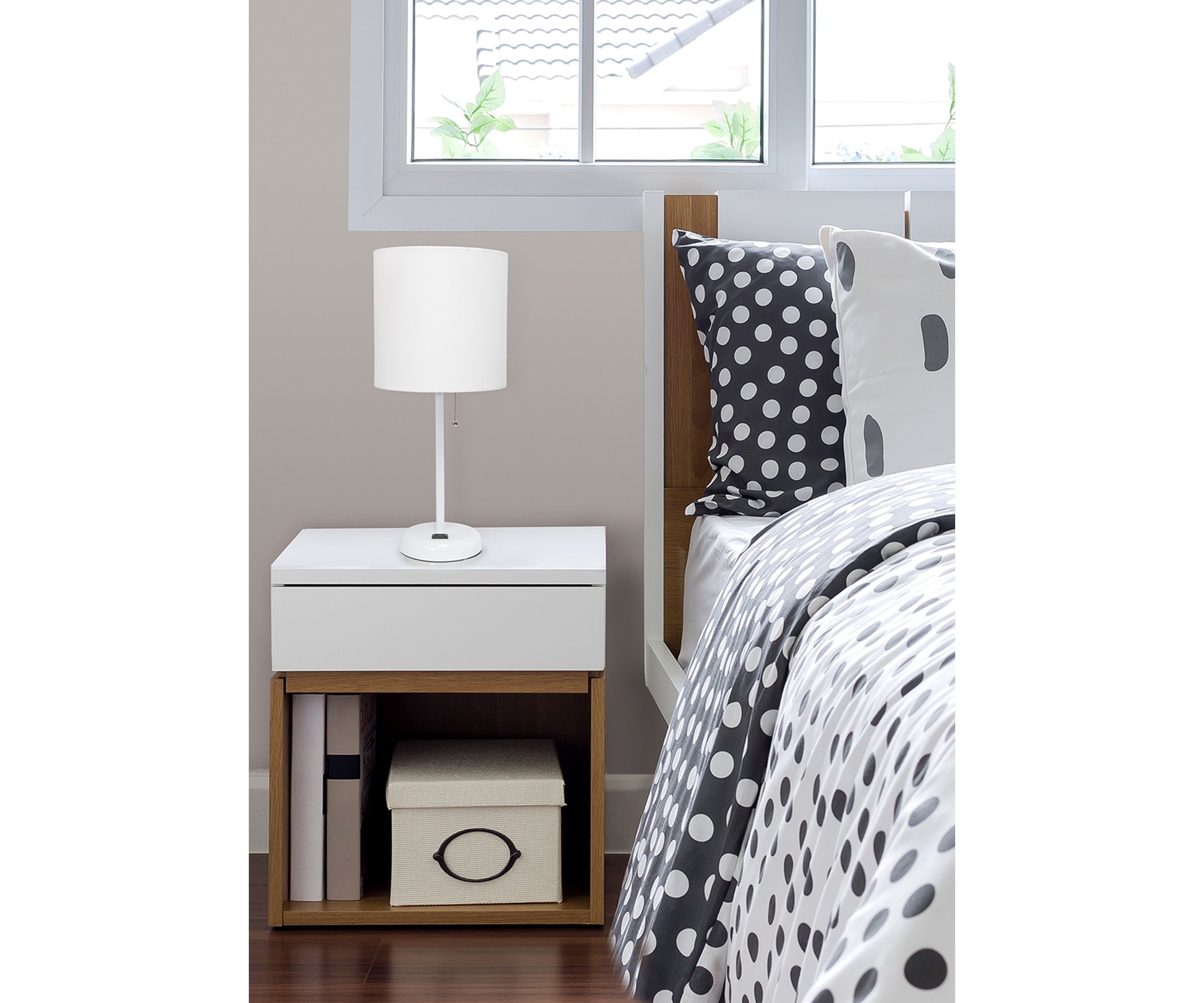 Stick Lamp with Charging Outlet and Fabric Shade